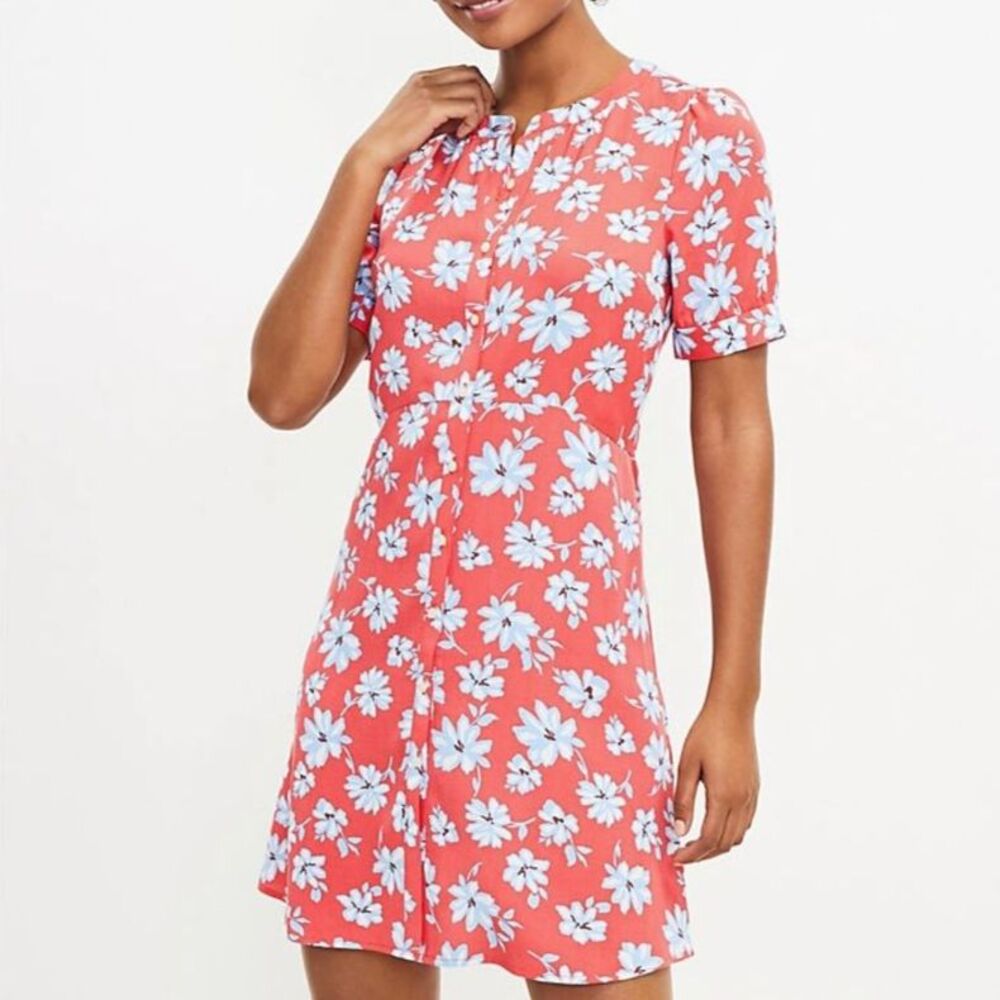 LOFT Floral Flare Retro Shirt Dress Coral Red Blue White Size 14P | 14 Petite
